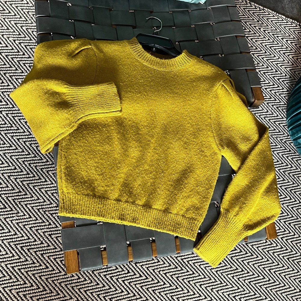 Simons (S) ultra-soft pullover sweater with sleeve detail, deep mustard yellow.